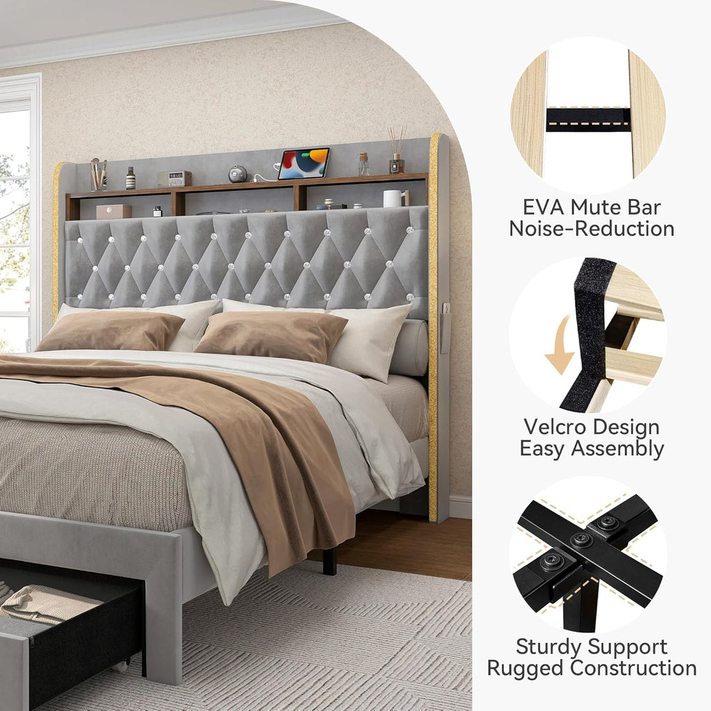 Torana Full LED Bed Frame with 2 Drawers, 53' Tall Platform Beds with Galaxy Star Projector Charging Station, Velvet Upholstered Diamond Tufted Aurora Bedframe with Storage Headboard, Grey