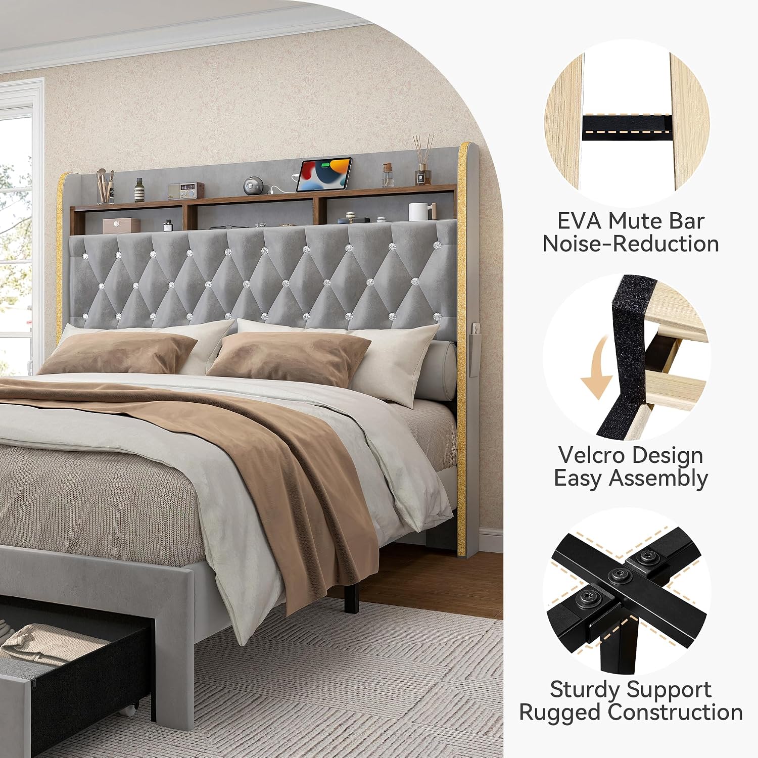 Torana Queen LED Bed Frame with 2 Drawers, 53' Tall Platform Beds with Galaxy Star Projector Charging Station, Velvet Upholstered Diamond Tufted Aurora Bedframe with Storage Headboard, Grey