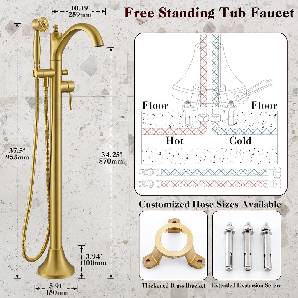 Free Standing Tub Faucet, Brushed Gold Classic Freestanding Bathtub Faucet with Vintage Hand Shower Brass High Flow Rate Floor Mount Tub Filler Swivel Spout Roman Tub Faucet Set (WT-9002BG)