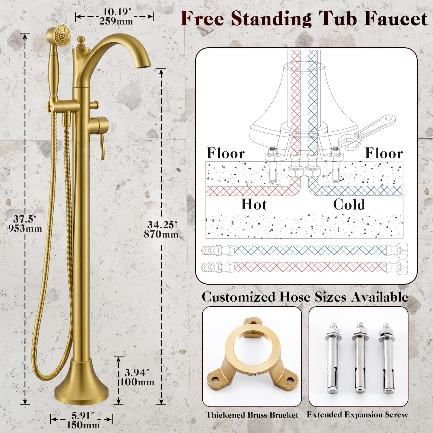 Free Standing Tub Faucet, Brushed Gold Classic Freestanding Bathtub Faucet with Vintage Hand Shower Brass High Flow Rate Floor Mount Tub Filler Swivel Spout Roman Tub Faucet Set (WT-9002BG)