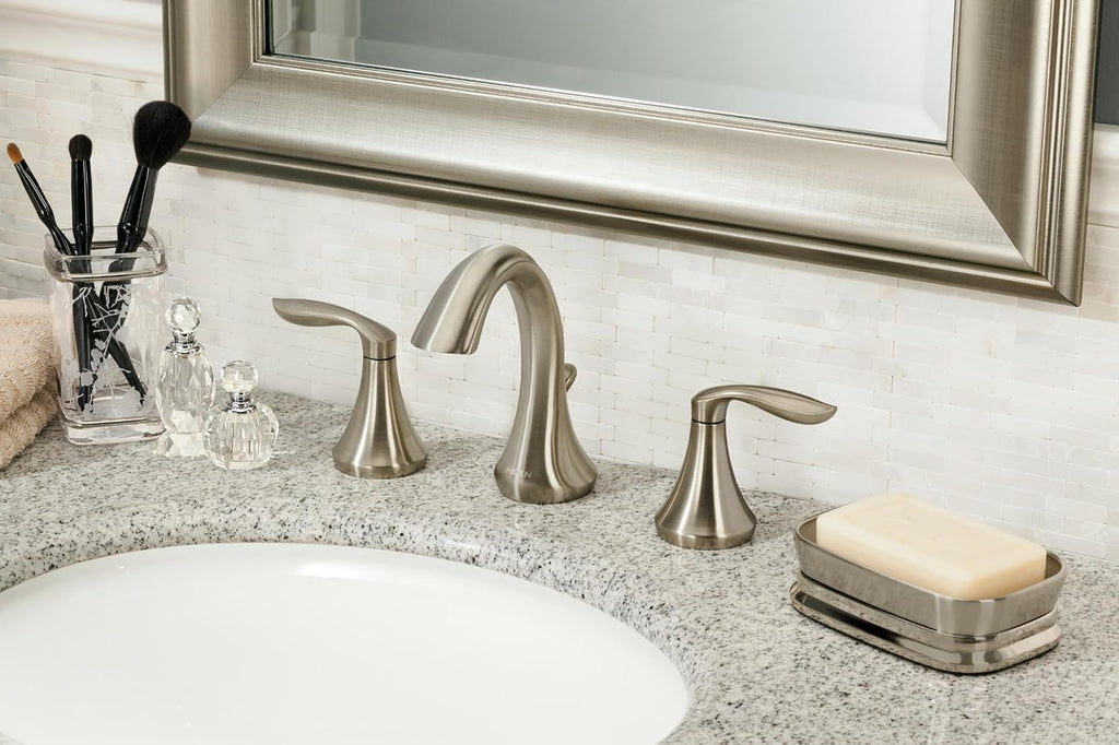 Moen Eva Brushed Nickel Two-Handle High-Arc Widespread Bathroom Faucet, Bathroom Faucets for Sink 3 Hole Setup with Drain Trim, (Valve Required), T6420BN