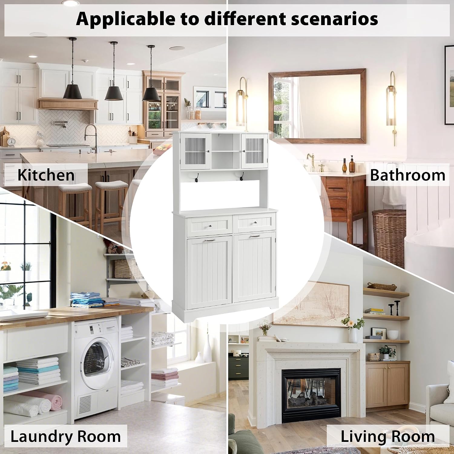 Tilt Out Trash Cabinet,Storage Cabinet,Two Solid Wood Hideaway Trash Holder Drawers,Wooden Freestanding Recycling Cabinets,Trash Can for Kitchen,White