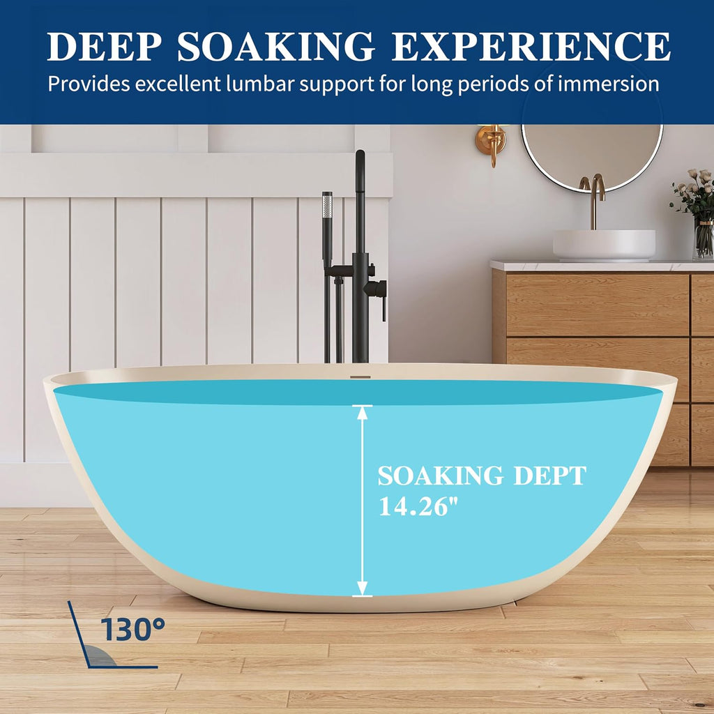 65'' Soaking Bathtub Stone Resin Freestanding Bathtub, Modern Bathtub Deep Soaking Bathtub with Overflow and Pop-up Drain BBFS303-1650 milk-coffee