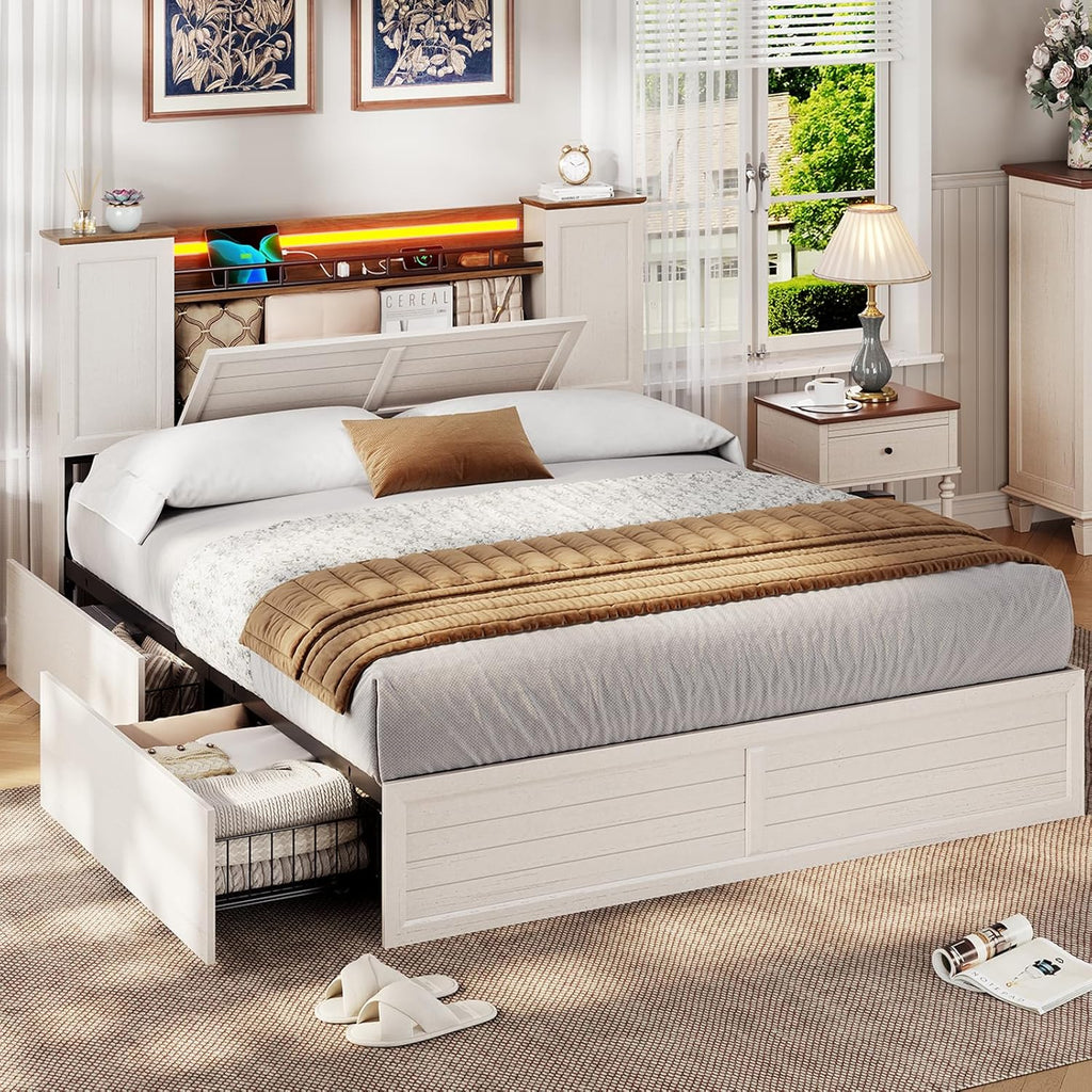 VIAGDO Farmhouse Full Size Bed Frame with Headboard and Double Barn Door Storage Cabinets, Rustic Wooden Bed Frame Full with Charging Station, 4 Drawers and LED Lights, No Box Spring Needed, White
