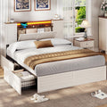 VIAGDO Farmhouse Full Size Bed Frame with Headboard and Double Barn Door Storage Cabinets, Rustic Wooden Bed Frame Full with Charging Station, 4 Drawers and LED Lights, No Box Spring Needed, White