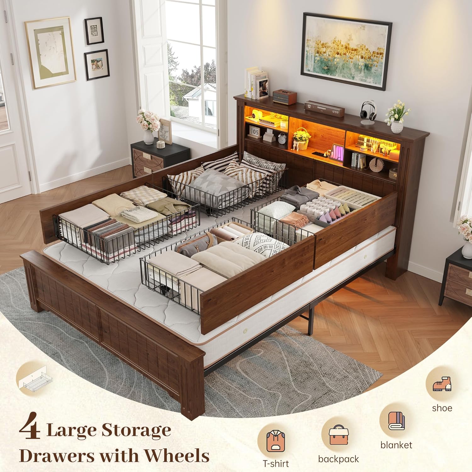 EnHomee Full Size Bed Frame with Storage, Full Bed Frame with 4 Drawers Charging Port & LED, Full Size Bed Frame with Headboard Built in Charging Station,No Box Spring Needed,NO Noise,Vintage Brown