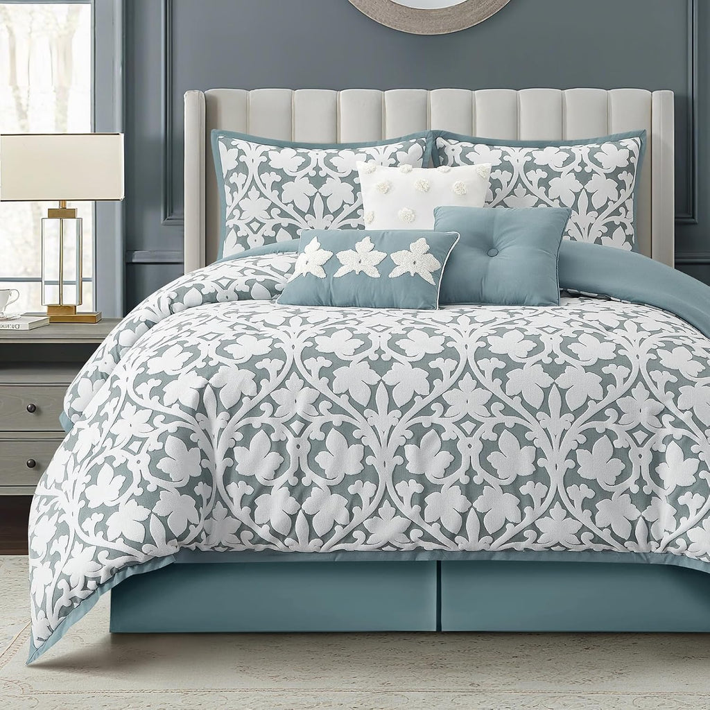 LANCO MODERN LIFESTYLE 7 Pieces Comforter Set, Queen, Blue, Jacquard Floral Pattern and Classy Damask Medallion Design, Ultra Soft, Includes Bed Skirt, Shams, and Decorative Pillows