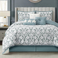 LANCO MODERN LIFESTYLE 7 Pieces Comforter Set, Queen, Blue, Jacquard Floral Pattern and Classy Damask Medallion Design, Ultra Soft, Includes Bed Skirt, Shams, and Decorative Pillows