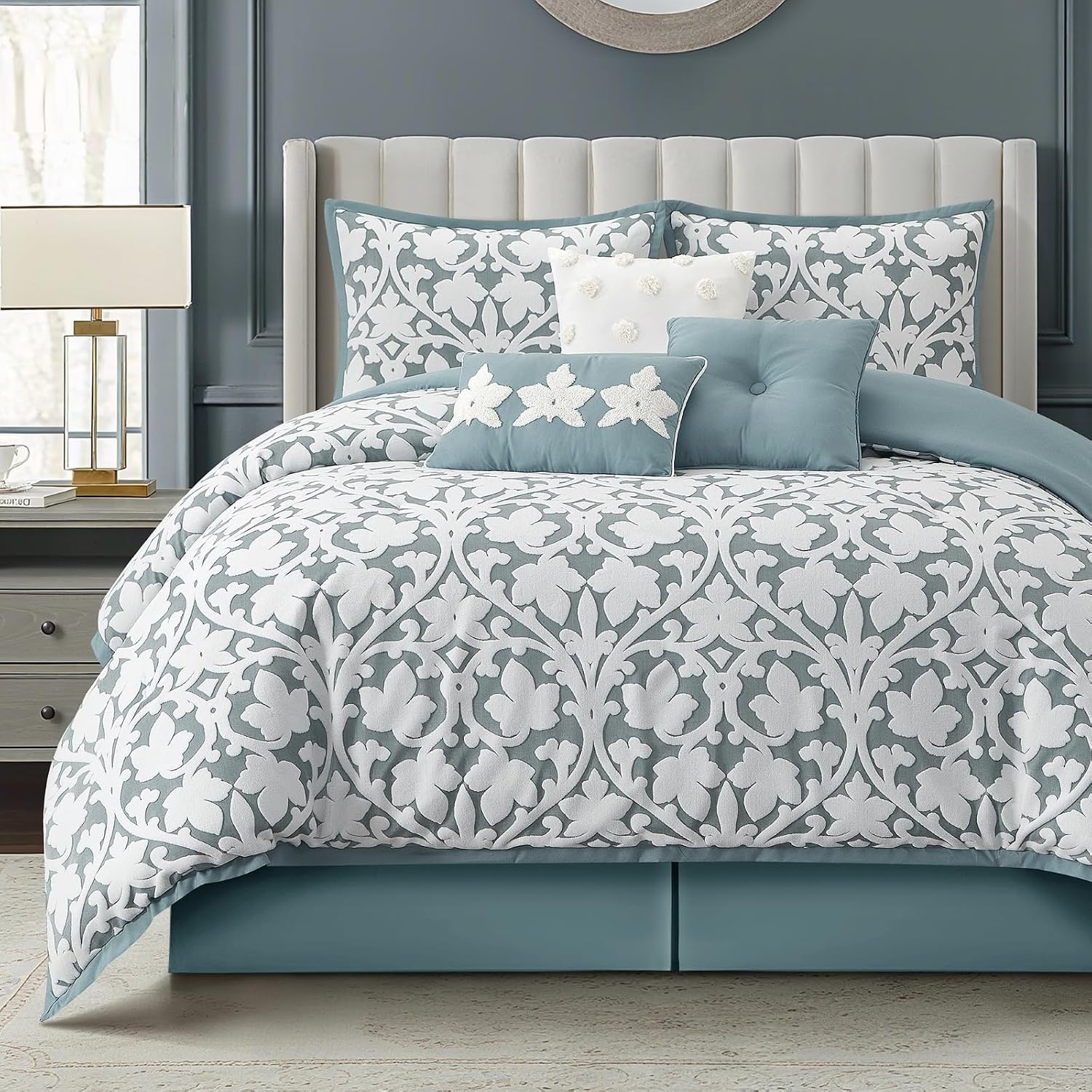 LANCO MODERN LIFESTYLE 7 Pieces Comforter Set, Queen, Blue, Jacquard Floral Pattern and Classy Damask Medallion Design, Ultra Soft, Includes Bed Skirt, Shams, and Decorative Pillows