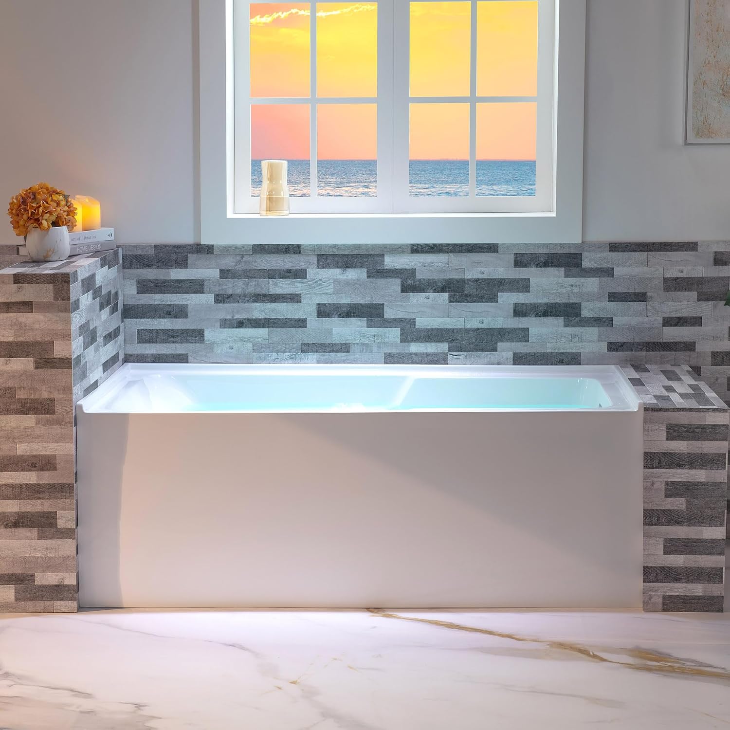 WOODBRIDGE 60' Acrylic Rectangular Alcove Soaking Bathtub in White with Right Drain, Brushed Nickel Pop-Up Drain Included BA6030R