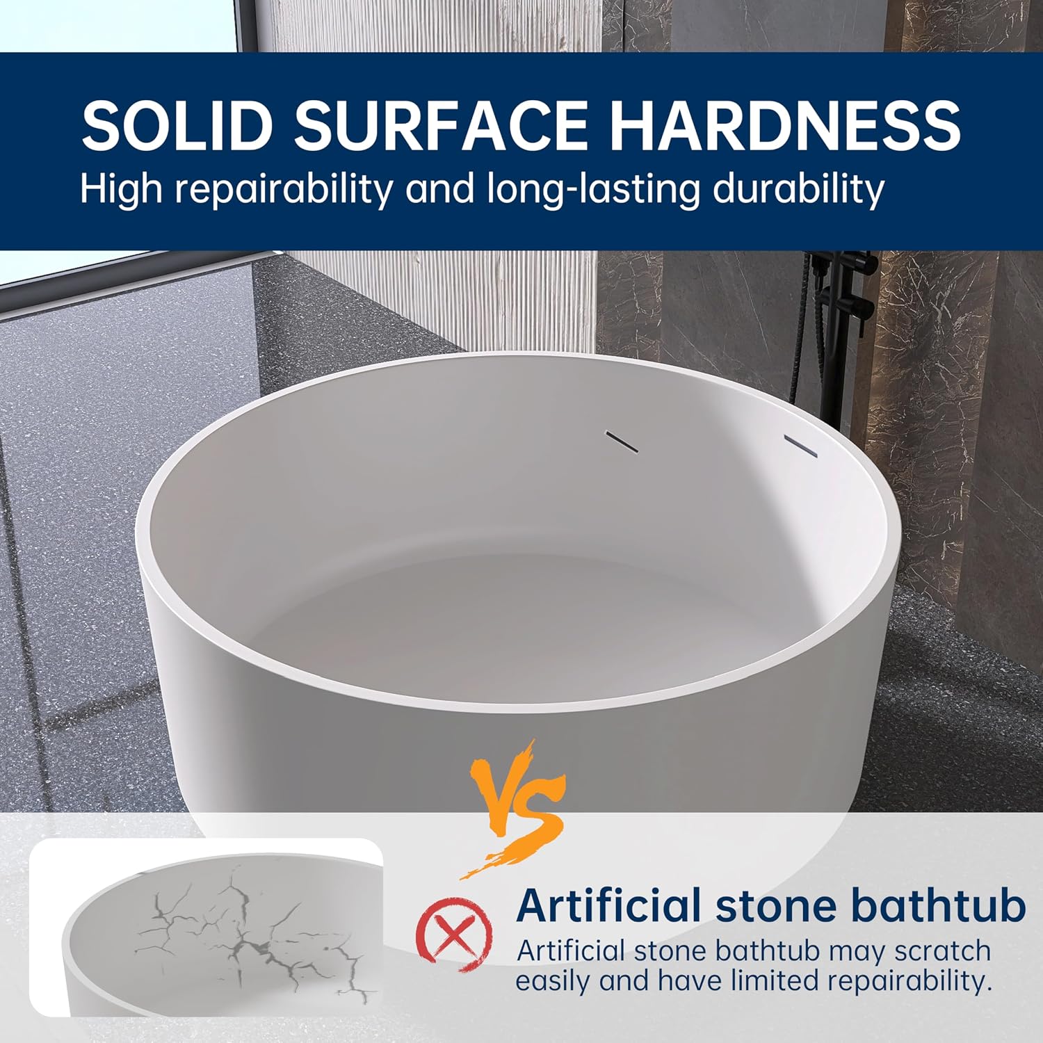 49'' Round Soaking Bathtub Resin Stone Freestanding Bathtub Soaking Deep Tub Solid Surface Bathtub with Overflow and Pop-up drain in White