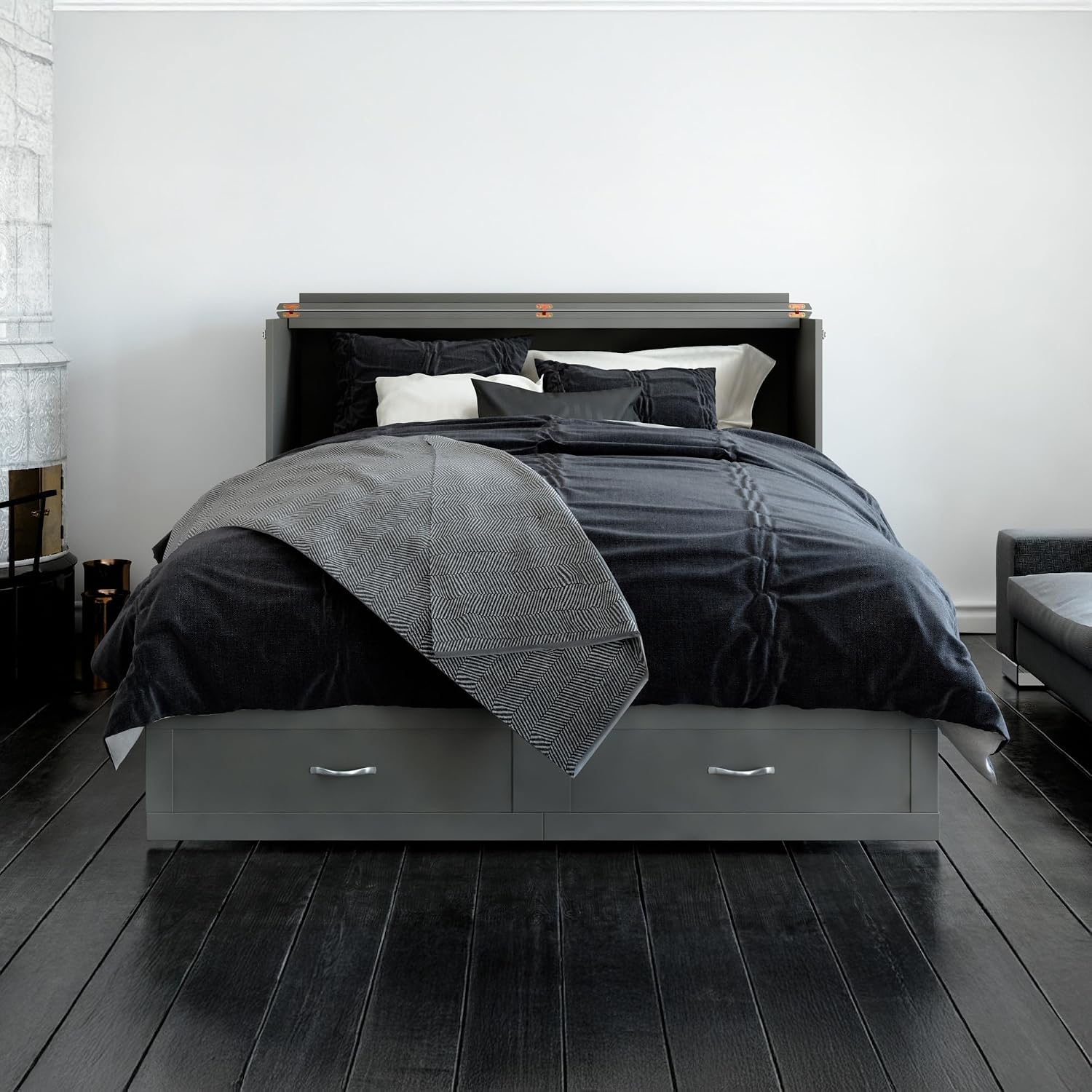 AFI Hamilton Queen Murphy Bed Chest with Mattress, Storage, and Built-in Charger in Grey