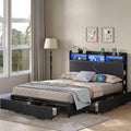 Queen Size Bed Frame with 6 Storage Drawers & Bookcase Headboard, Platform Bed with LED Light and Charging Station, Noise-Free, Easy Assembly, No Box Spring Needed, Black