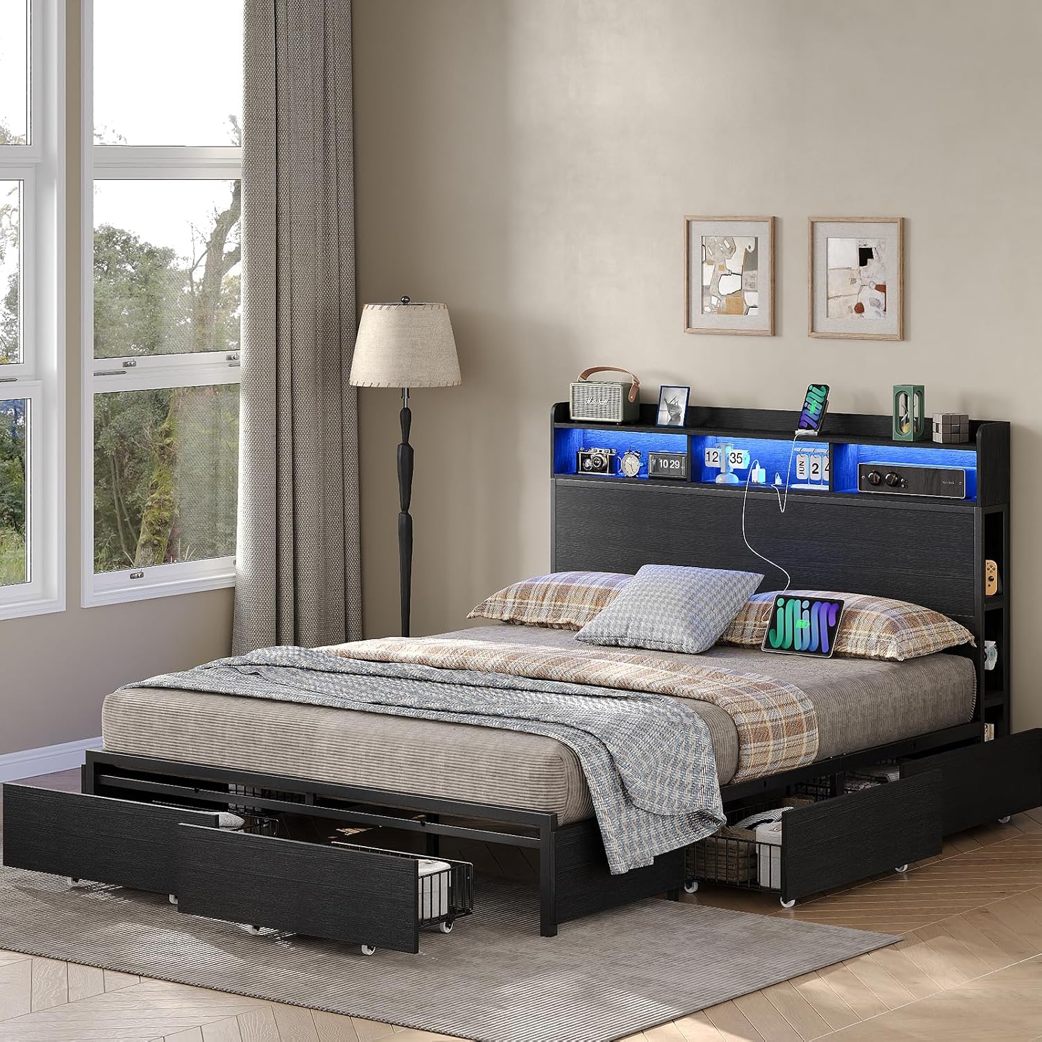 Queen Size Bed Frame with 6 Storage Drawers & Bookcase Headboard, Platform Bed with LED Light and Charging Station, Noise-Free, Easy Assembly, No Box Spring Needed, Black