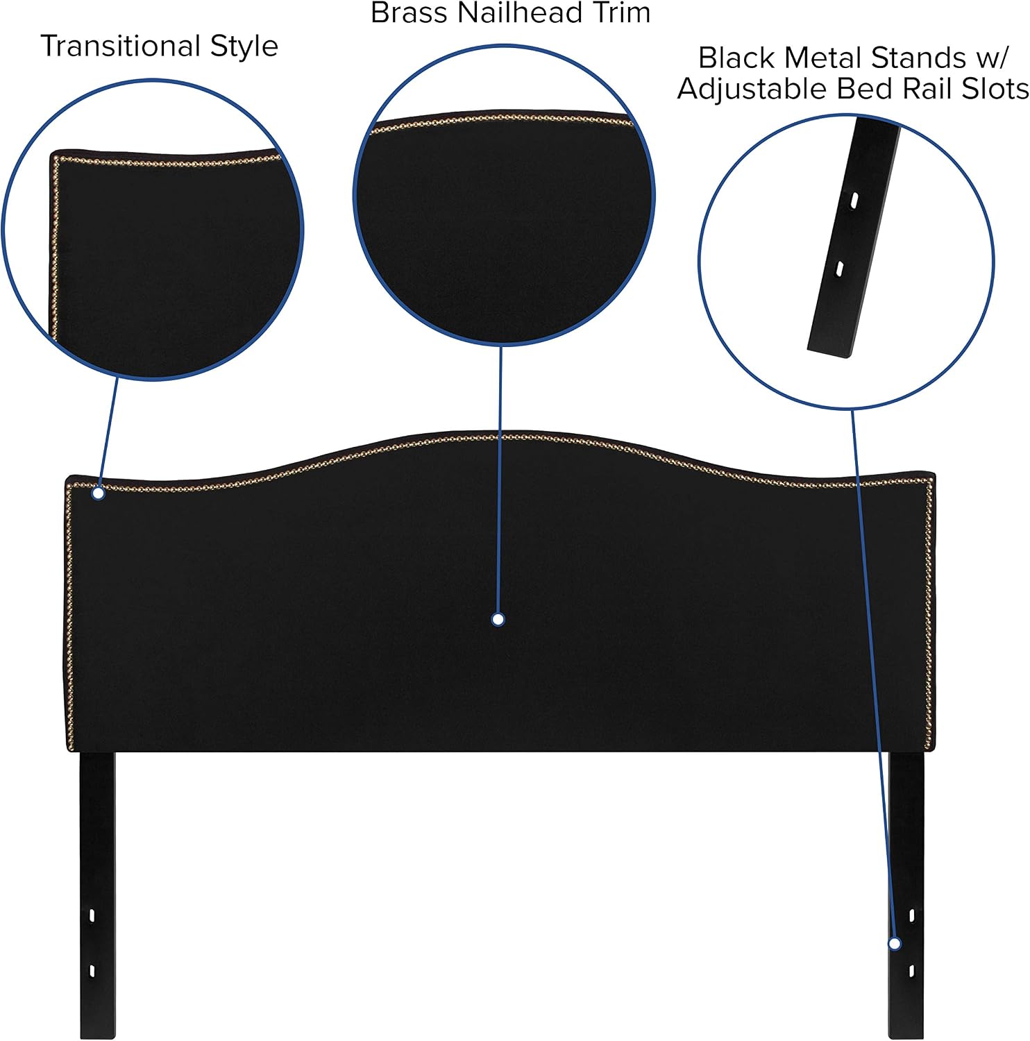 Flash Furniture Lexington Upholstered Queen Size Headboard with Accent Nail Trim in Black Fabric