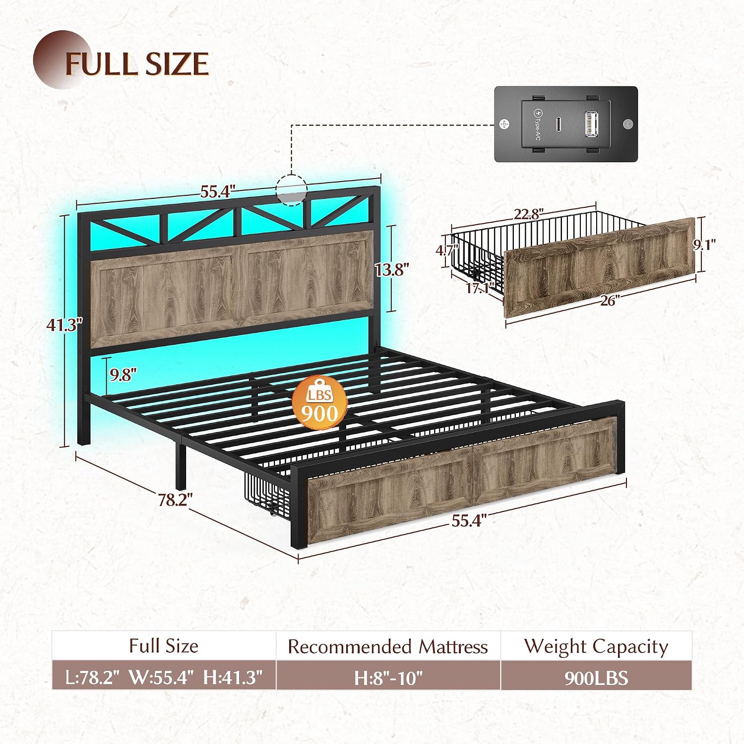 EnHomee Full Size Bed Frame with 2 Storage Drawers and Headboard Full Bed Frame with Built in Charging Station & LED Light,NO Noise,No Box Spring Needed,Light Grey