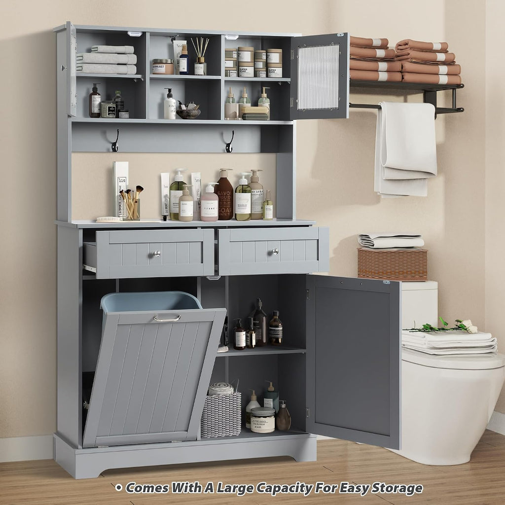 Tilt Out Trash Cabinet,Storage Cabinet,Two Solid Wood Hideaway Trash Holder Drawers,Wooden Freestanding Recycling Cabinets,Trash Can for Kitchen,Gray
