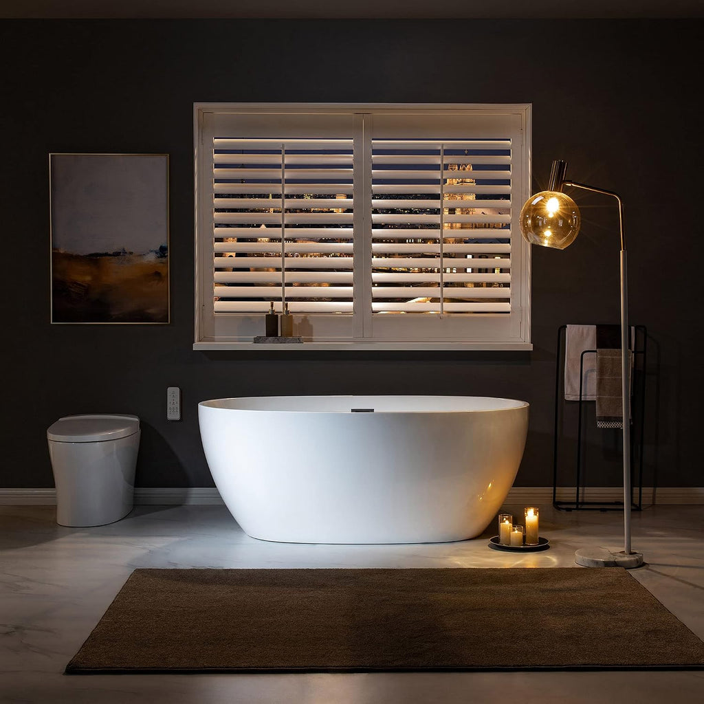 WOODBRIDGE 59' Acrylic Freestanding Bathtub Contemporary Soaking White Tub with Matte Black Overflow and Drain，BTA1518 -MB-Drain &O