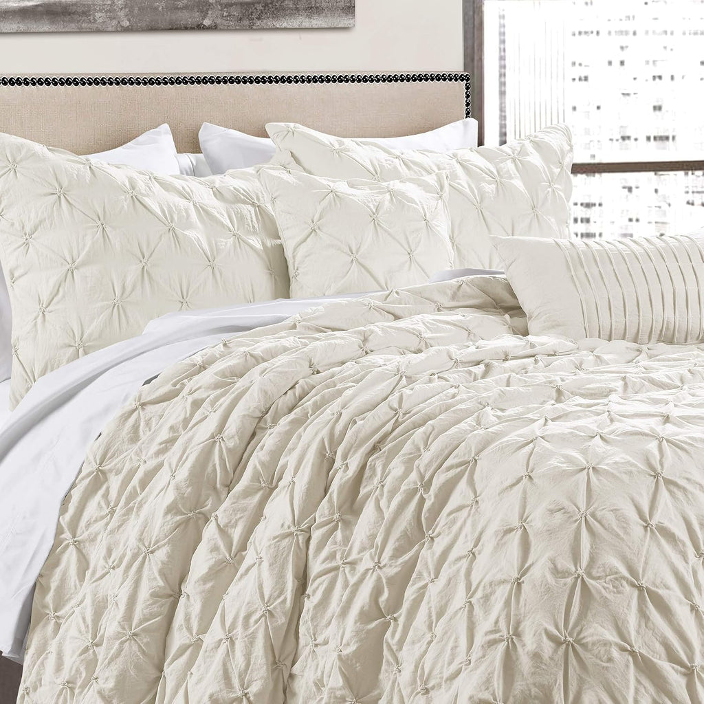 Lush Decor Ravello Pintuck Comforter Set - Luxe 5 Piece Textured Bedding Set - Traditional Glam & Farmhouse Inspired Bedroom Decor - Full/ Queen, Ivory