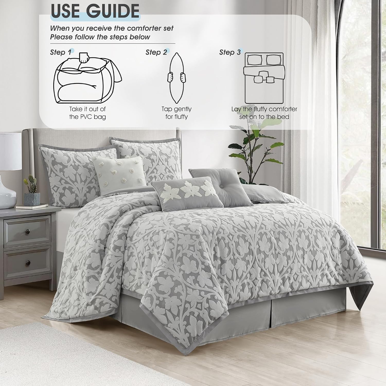 LANCO MODERN LIFESTYLE 7 Pieces Comforter Set, Queen, White Grey, Jacquard Floral Pattern and Classy Damask Medallion Design, Ultra Soft, Includes Bed Skirt, Shams, and Decorative Pillows