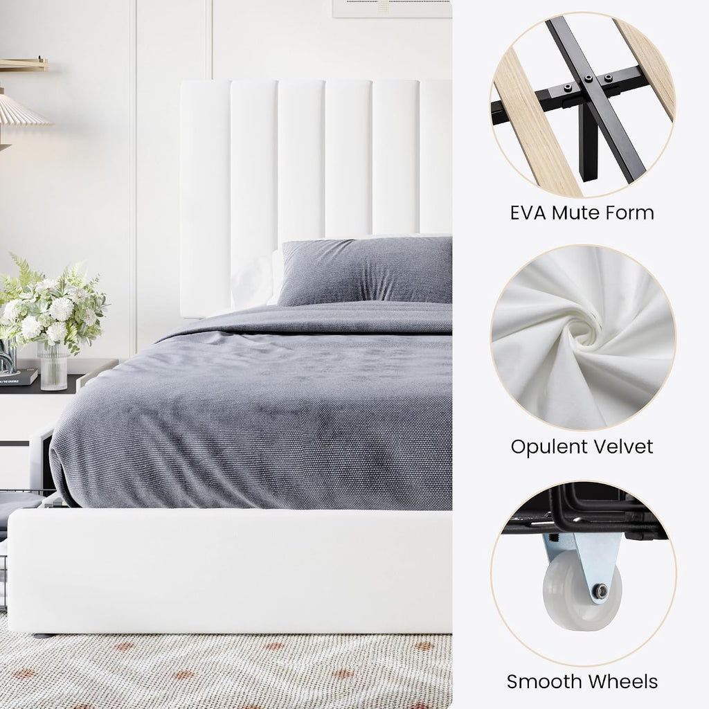SHA CERLIN King Size Platform Bed Frame with 4 Storage Drawers, Vertical Channel Tufted Adjustable Headboard, Velvet Upholstered, Wooden Slats Support, No Box Spring Needed, Easy Assembly, White