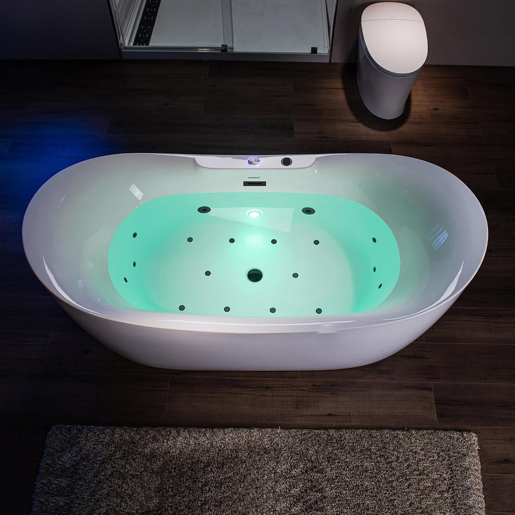 WOODBRIDGE 72' x 35-3/8' Whirlpool Water Jetted and Air Bubble Freestanding Heated Soaking Combination Bathtub with LED control panel,Matte Black drain and overflow,BM-400