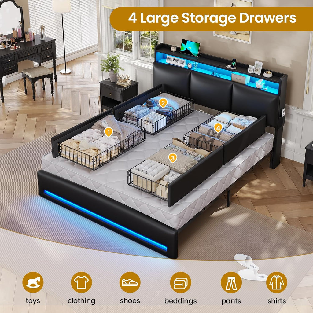 VIAGDO Full Size Bed Frame with Storage Headboard and Charging Station, Leather Upholstered Bed Frame Full Size with 4 Drawers and LED Lights, Type C and USB, No Box Spring Needed, Black