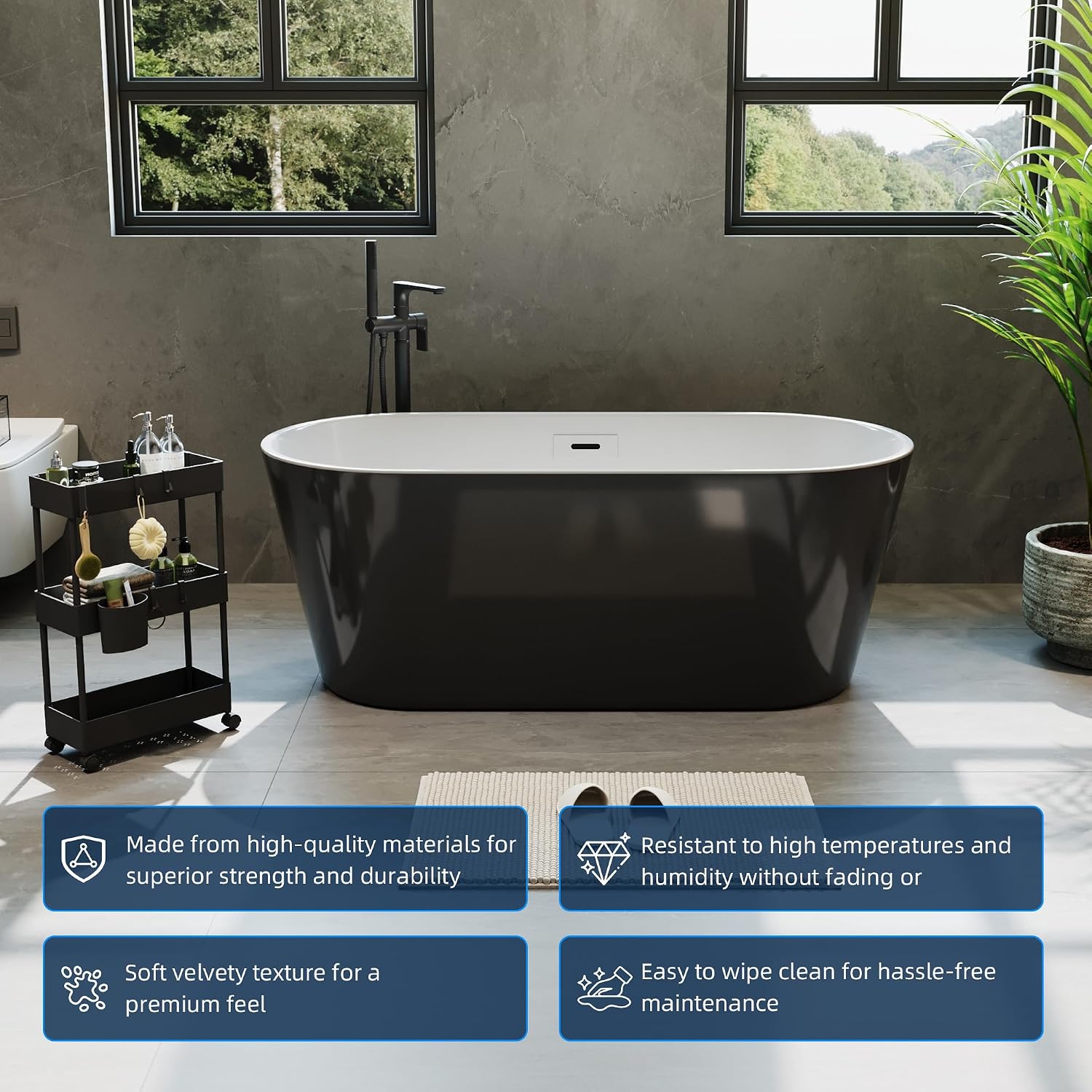 67' Acrylic Freestanding Bathtub, Deep Soaking Tub with Non-Slip Base, cUPC Certified Free Standing Tub, Chrome Drain Bath Tub, Modern Tub for Bathrooms, Black