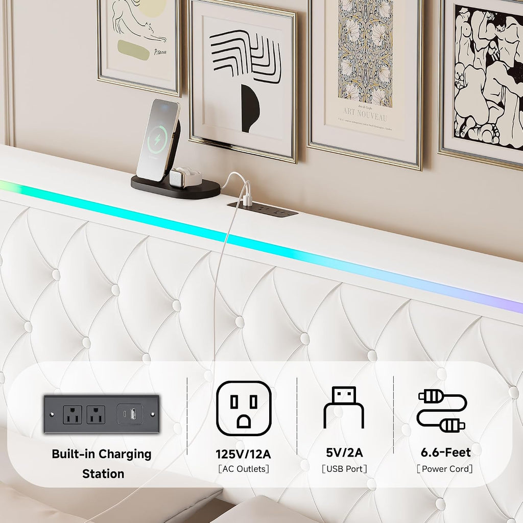 LED Full Bed Frame with 4 Storage Drawers and Adjustable Headboard, Modern Velvet Upholstered Platform Bed Frame Full Size with Charging Station, Wooden Slats Support, No Box Spring Needed, White