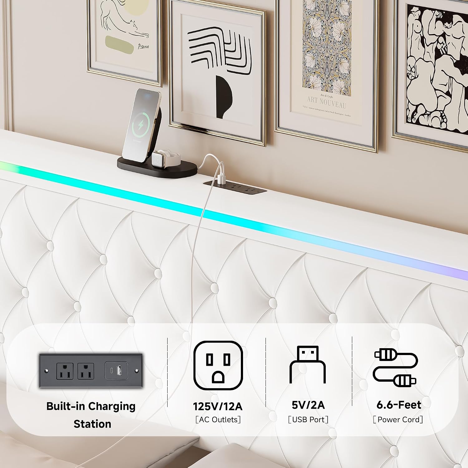 LED Full Bed Frame with 4 Storage Drawers and Adjustable Headboard, Modern Velvet Upholstered Platform Bed Frame Full Size with Charging Station, Wooden Slats Support, No Box Spring Needed, White
