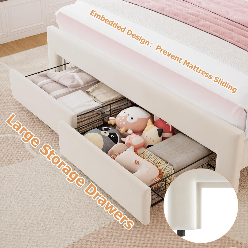 Queen Upholstered LED Bed Frame with 2 Storage Drawers and Adjustable Chic Double Wavy Headboard, Velvet Princess Platform Bed with Charing Station, Solid Wood Slats Support,No Box Spring Needed,Beige