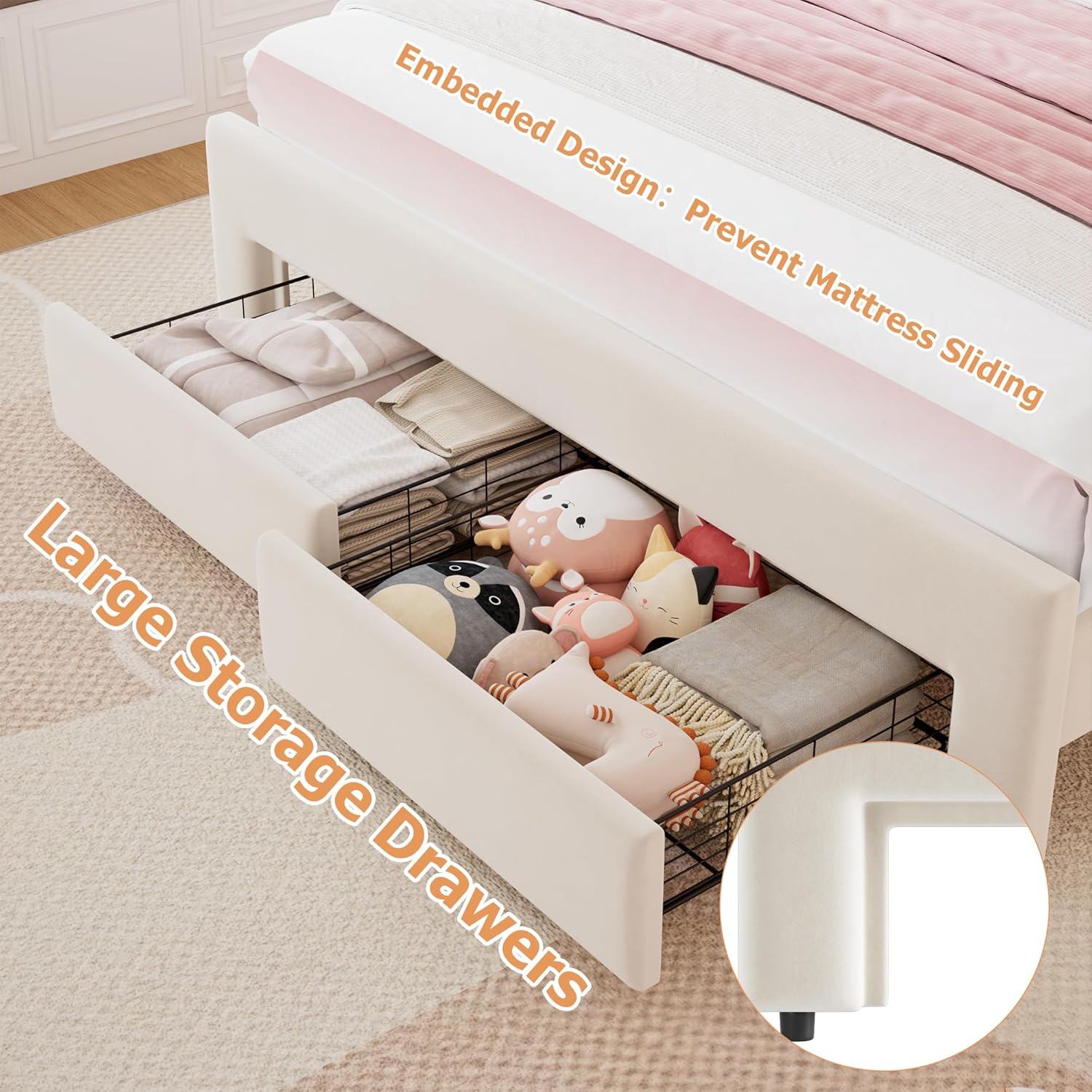 Queen Upholstered LED Bed Frame with 2 Storage Drawers and Adjustable Chic Double Wavy Headboard, Velvet Princess Platform Bed with Charing Station, Solid Wood Slats Support,No Box Spring Needed,Beige