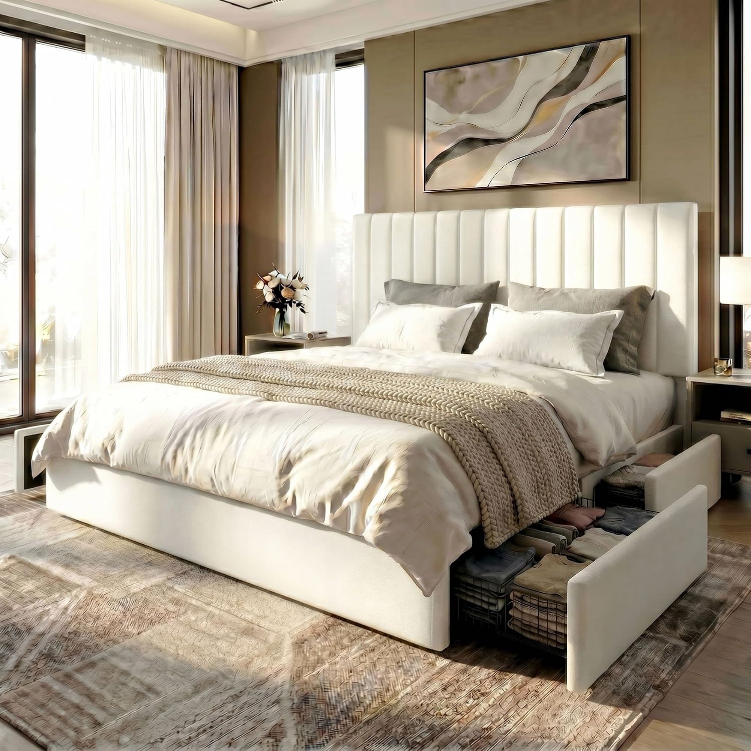 SHA CERLIN King Size Platform Bed Frame with 4 Storage Drawers, Vertical Channel Tufted Adjustable Headboard, Velvet Upholstered, Wooden Slats Support, No Box Spring Needed, Easy Assembly, White