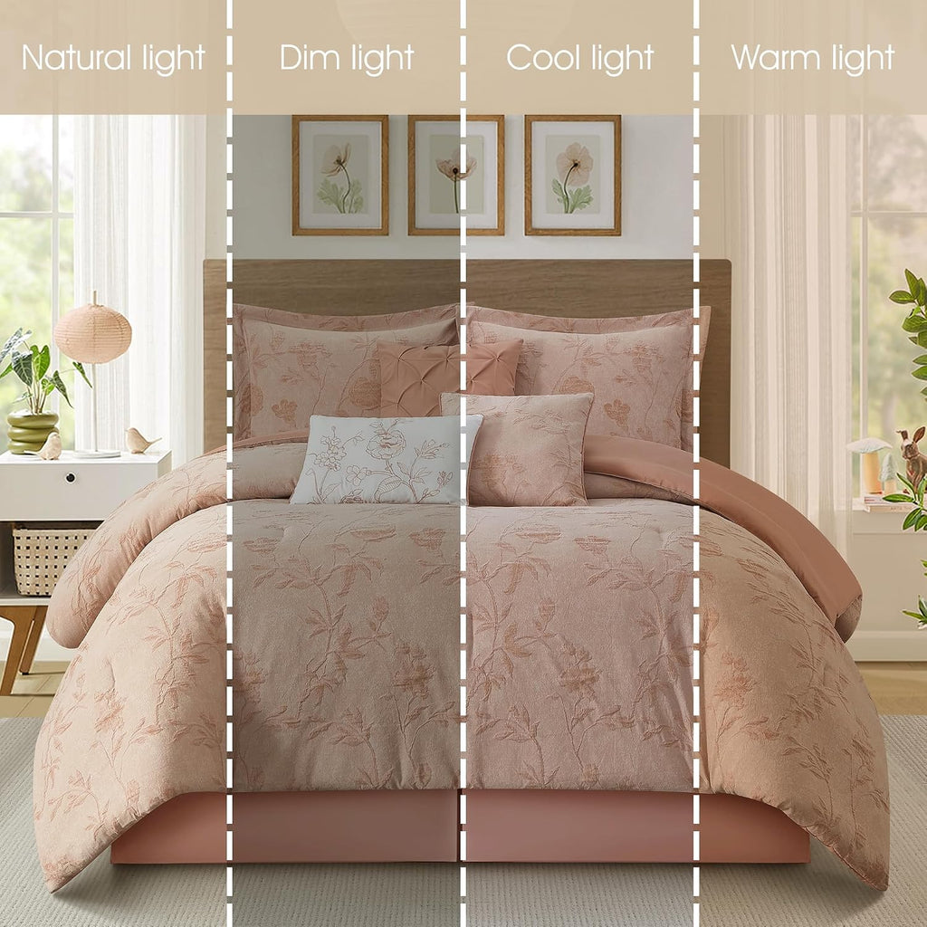 Grand Avenue Floral Comforter Set California King Size, Blush 7 Pieces Jacquard Bedding Set, Cotton &Polyester Bedding, All Season, Bedskirt, Pillows Shams