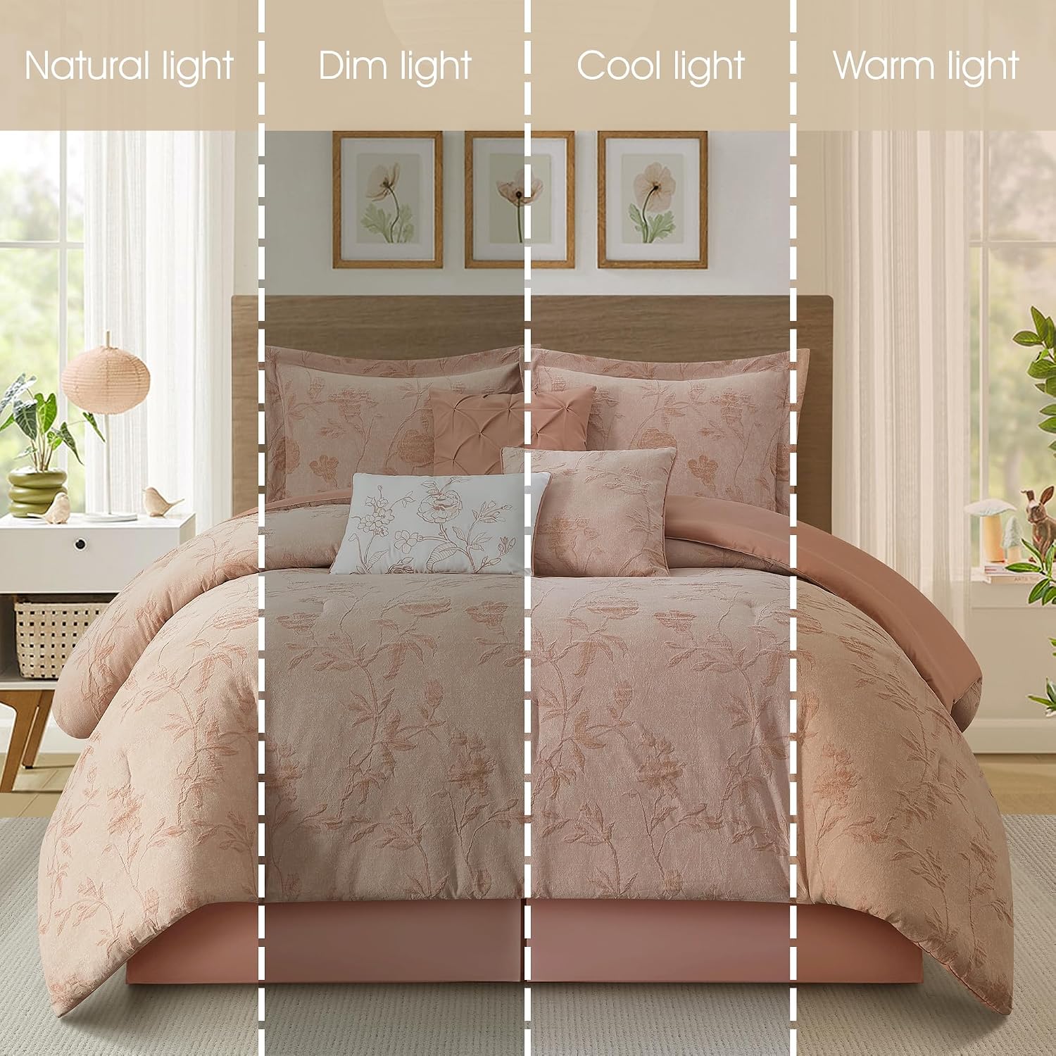 Grand Avenue Floral Comforter Set King Size, Blush 7 Pieces Jacquard Bedding Set, Cotton &Polyester Bedding, All Season, Bedskirt, Pillows Shams