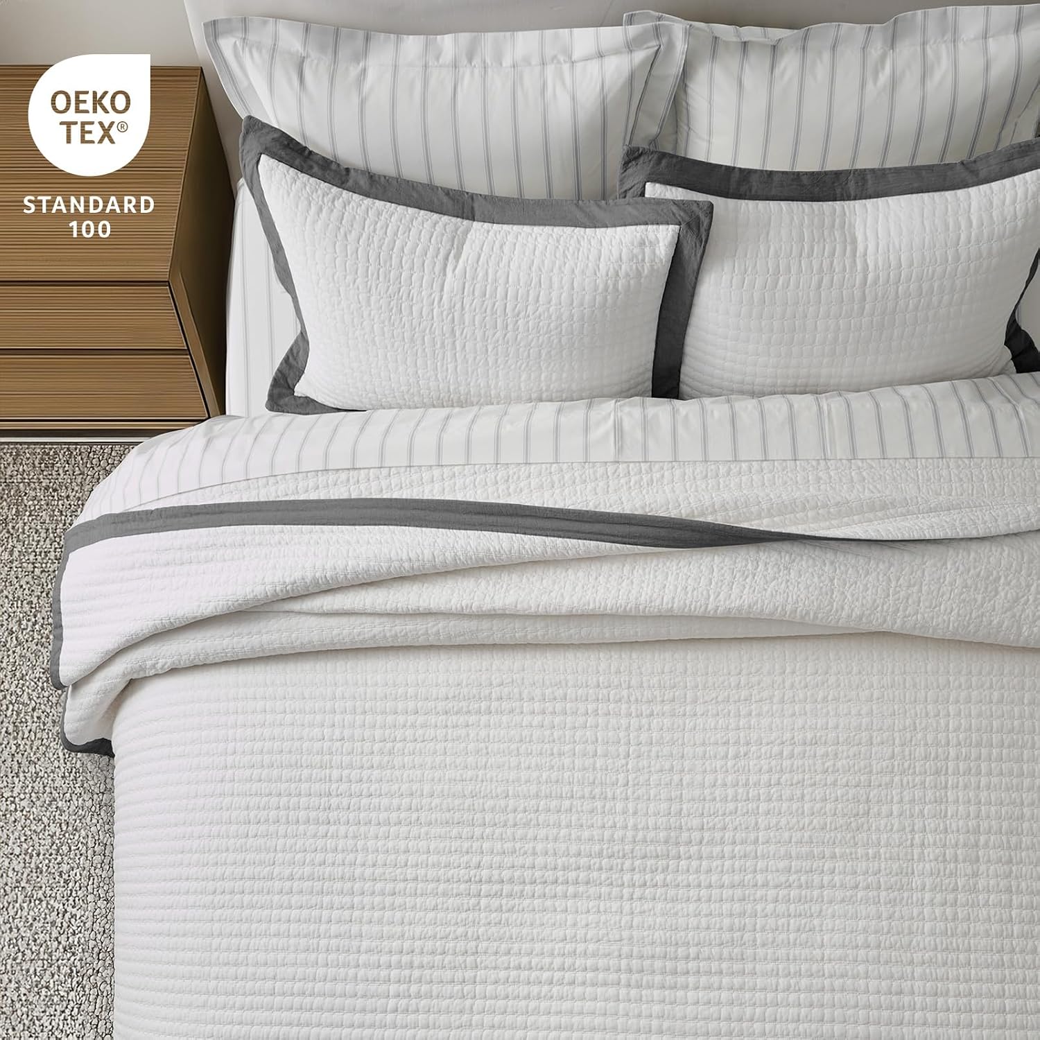 EVERGRACE Cotton Border Frame Tack-Stitch Quilt Bedding Set Queen Size, Coastal Oversized 3 Pieces Lightweight Bedspread Coverlet for All Season, with 2 Matching Shams, Washed Black