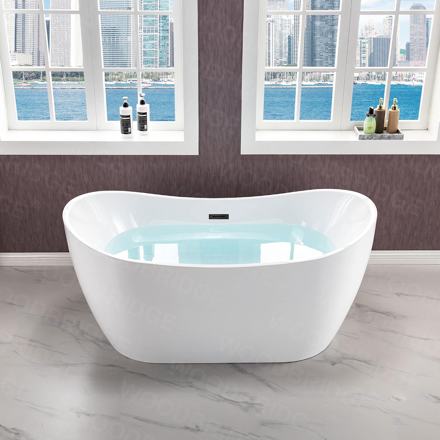 WOODBRIDGE 59' Acrylic Freestanding Bathtub Contemporary Soaking White Tub with Matte Black Overflow and Drain,B0016-MB