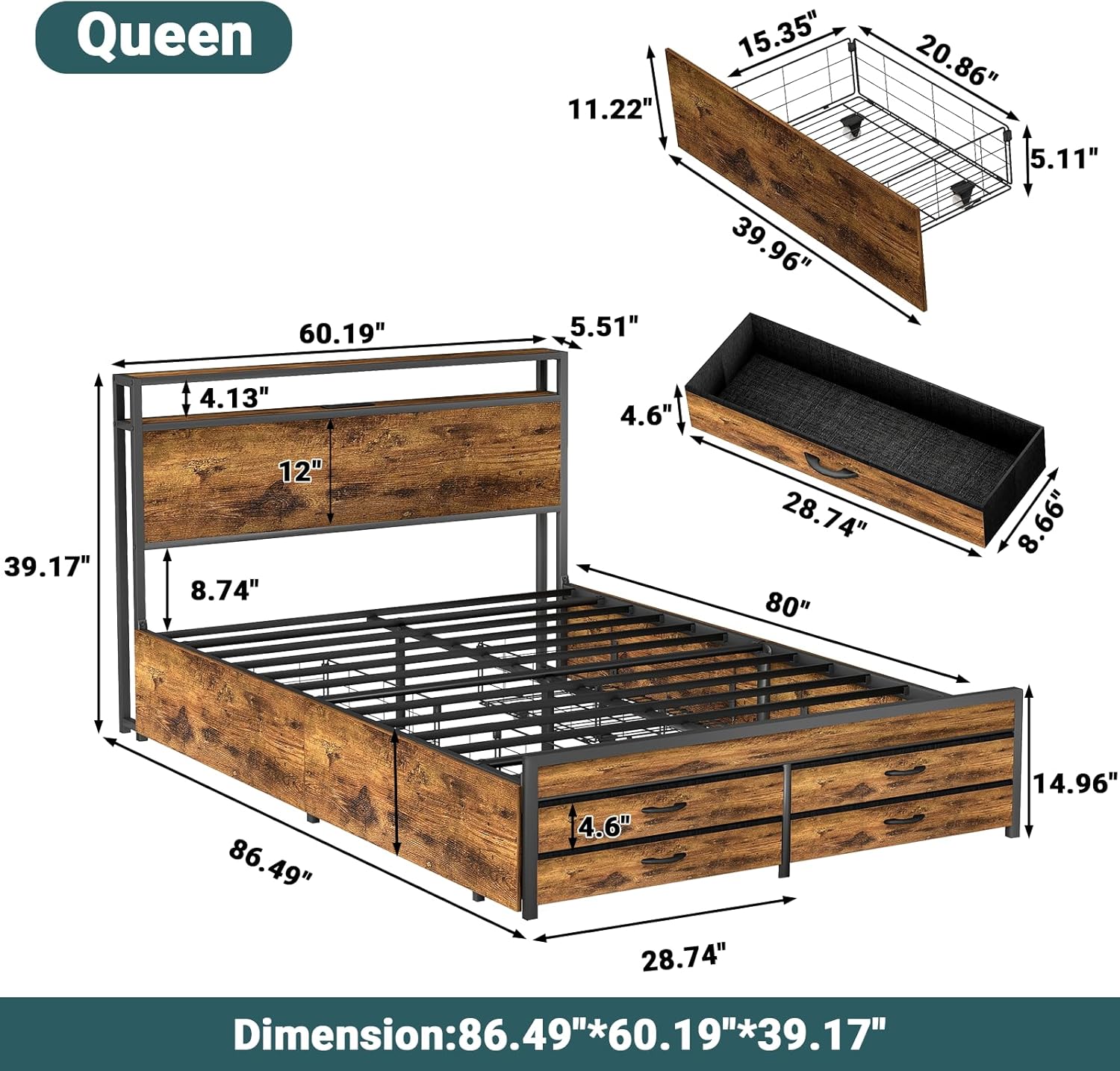 Zevemomo Full Size Bed Frame with 8 Storage Drawers, Full Platform Bed with Headboard, Charging Station, LED Light, Noise-Free Design, No Box Spring Required, Brown