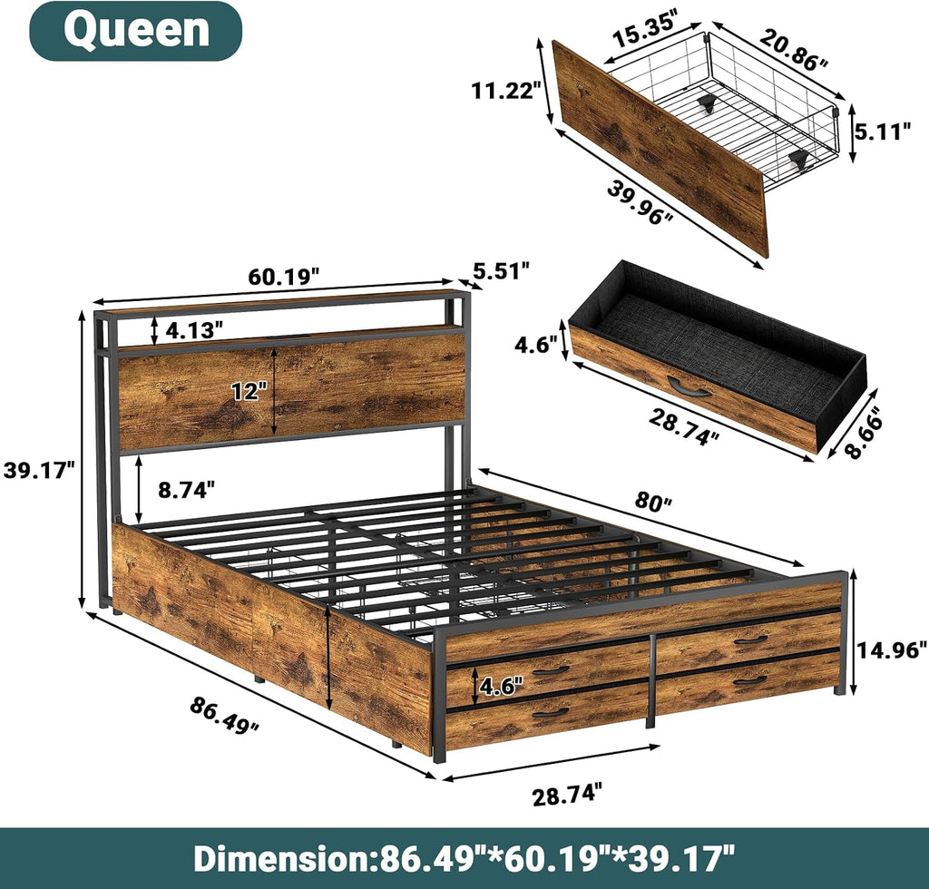 Zevemomo Queen Size Bed Frame with 8 Storage Drawers, Sturdy Queen Platform Bed with Wooden Headboard & Footboard, Noise-Free Design, No Box Spring Required, Brown