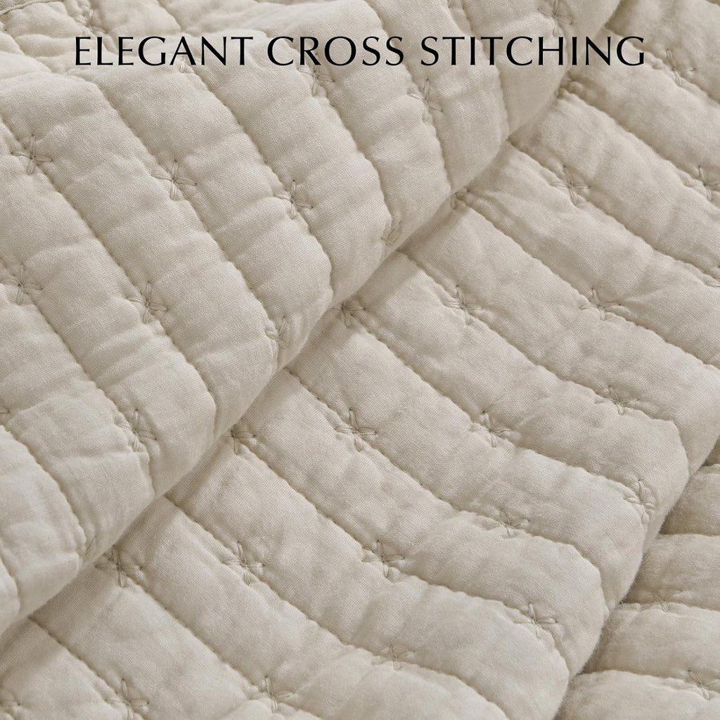 EVERGRACE Cross Stitch Pre-Washed Cotton Quilt Bedding Set Queen Size, Oversized 3 Pieces Lightweight Bedspread Coverlet for All Season, with 2 Matching Shams, Flax Beige, 92'x96'