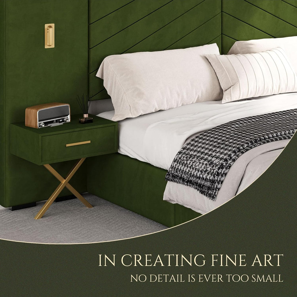 Luxurious King Platform Bed Frame, Velvet Upholstered Headboard with 2 Built-in Wall Sconces & Nightstands, Sturdy Metal & Solid Wood Frame, Squeak-Free, No Box Spring Needed, Olive Green