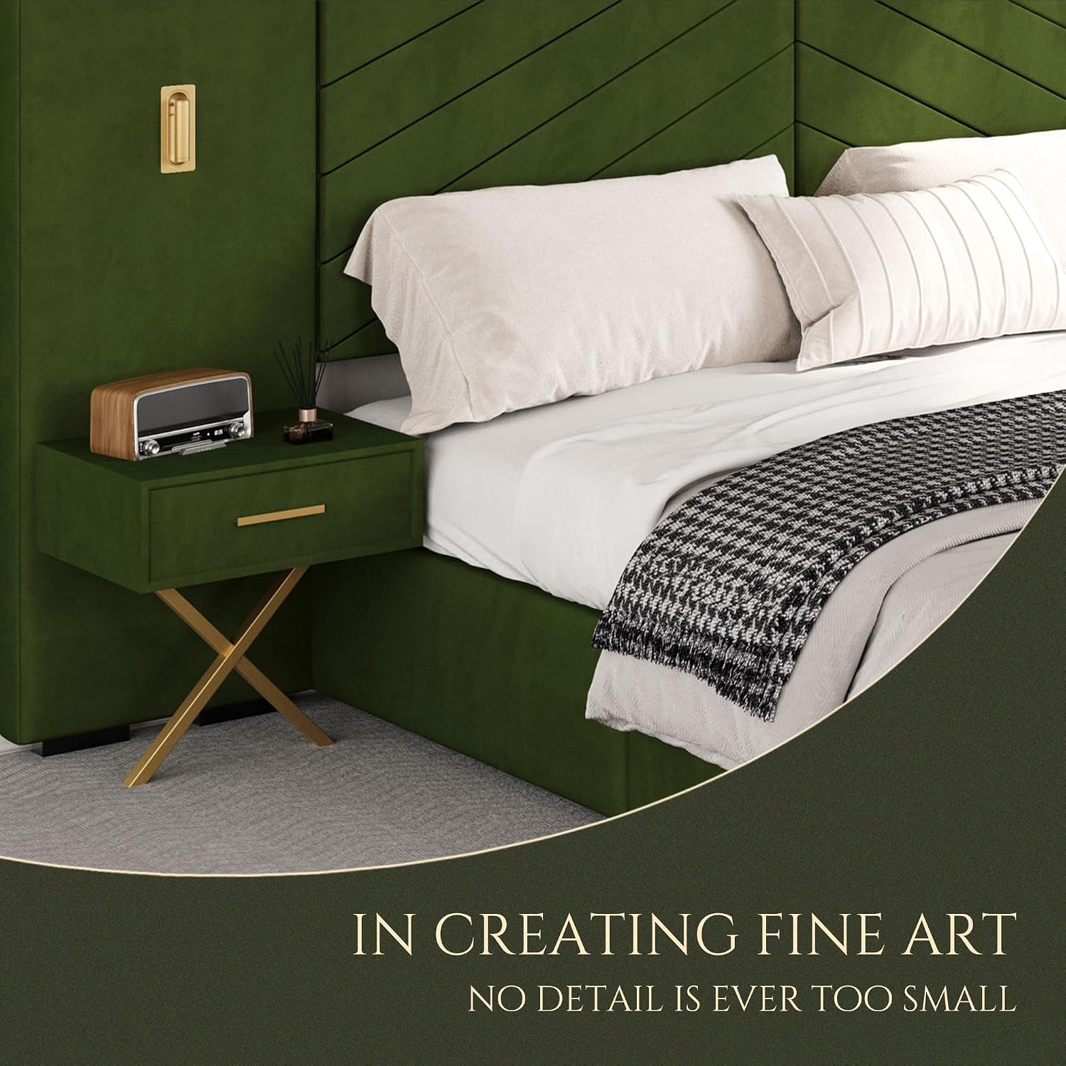 Luxurious King Platform Bed Frame, Velvet Upholstered Headboard with 2 Built-in Wall Sconces & Nightstands, Sturdy Metal & Solid Wood Frame, Squeak-Free, No Box Spring Needed, Olive Green