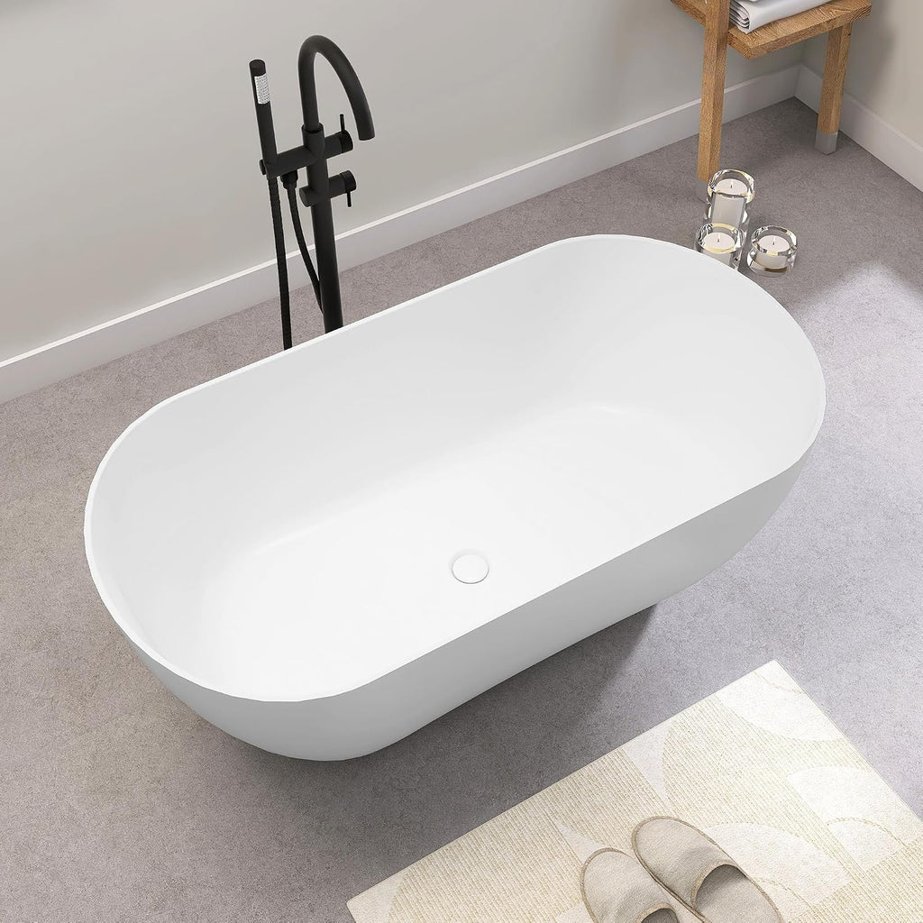 SJ STAR&JANE 51' Solid Surface Freestanding Bathtub, Matte White Oval Soaking Stone Resin Tub with Overflow and Pop-up Drain for Modern Bathrooms
