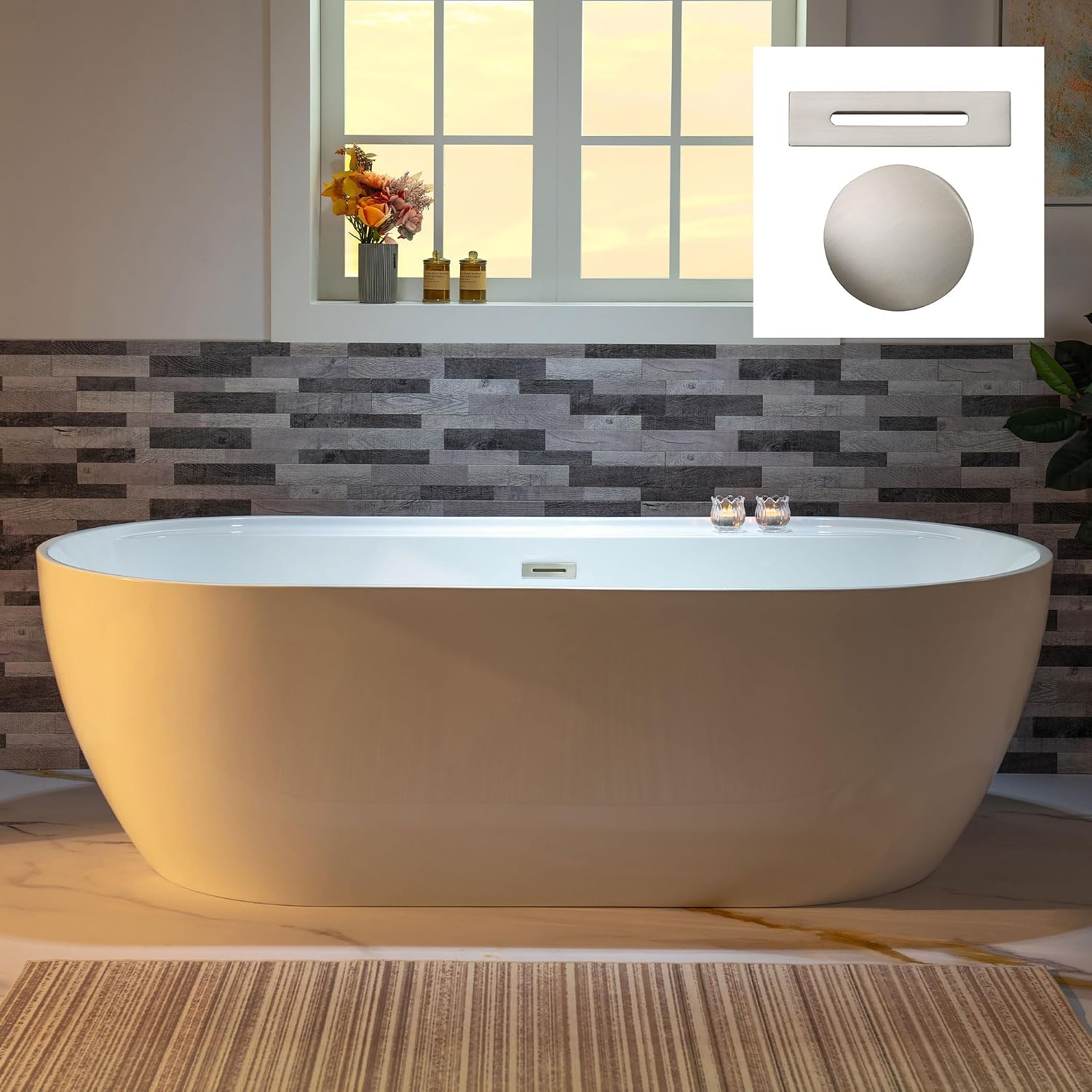 WOODBRIDGE 72' Acrylic Freestanding Bathtub Contemporary Soaking White Tub with Brushed Nickel Overflow and Drain,B0059BN