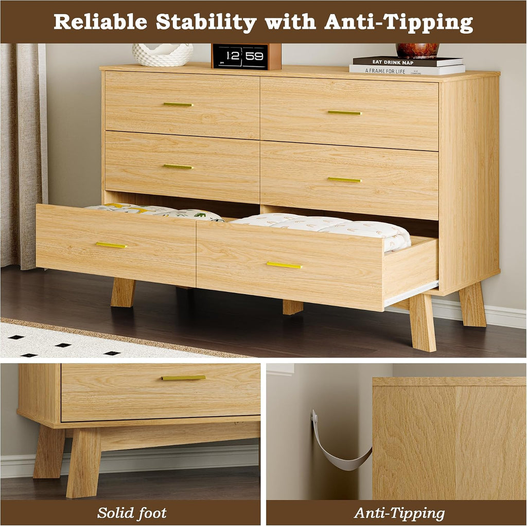 BORNOON Dresser for Bedroom with 6-Drawer, 47.2' Modern Chest of Drawers with Metal Handles, X-Shape Base & Adjustable Center Leg, Anti-Tip Closet Organizers and Storage