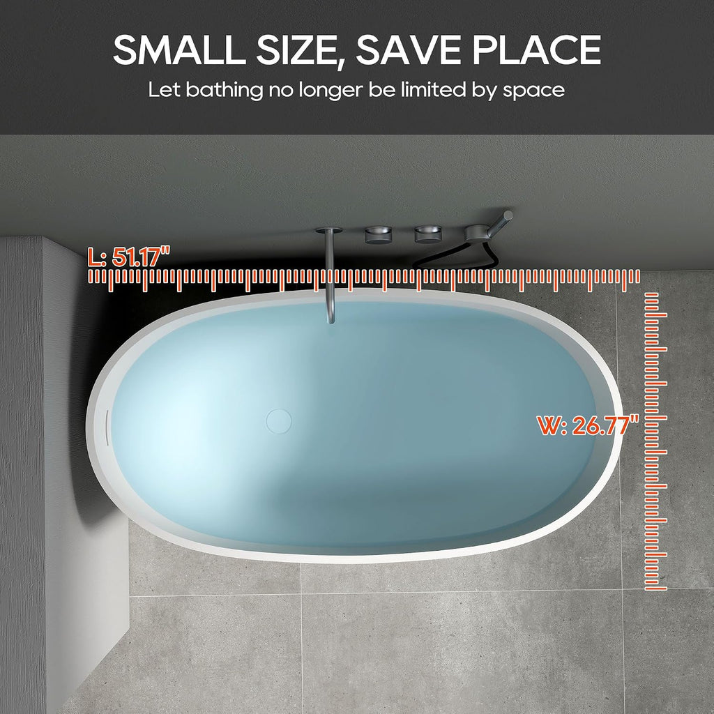 SJ STAR&JANE 51' Solid Surface Freestanding Bathtub, Stone Resin Oval Soaking Tub, Matte White，with Pop-up Drain & Overflow