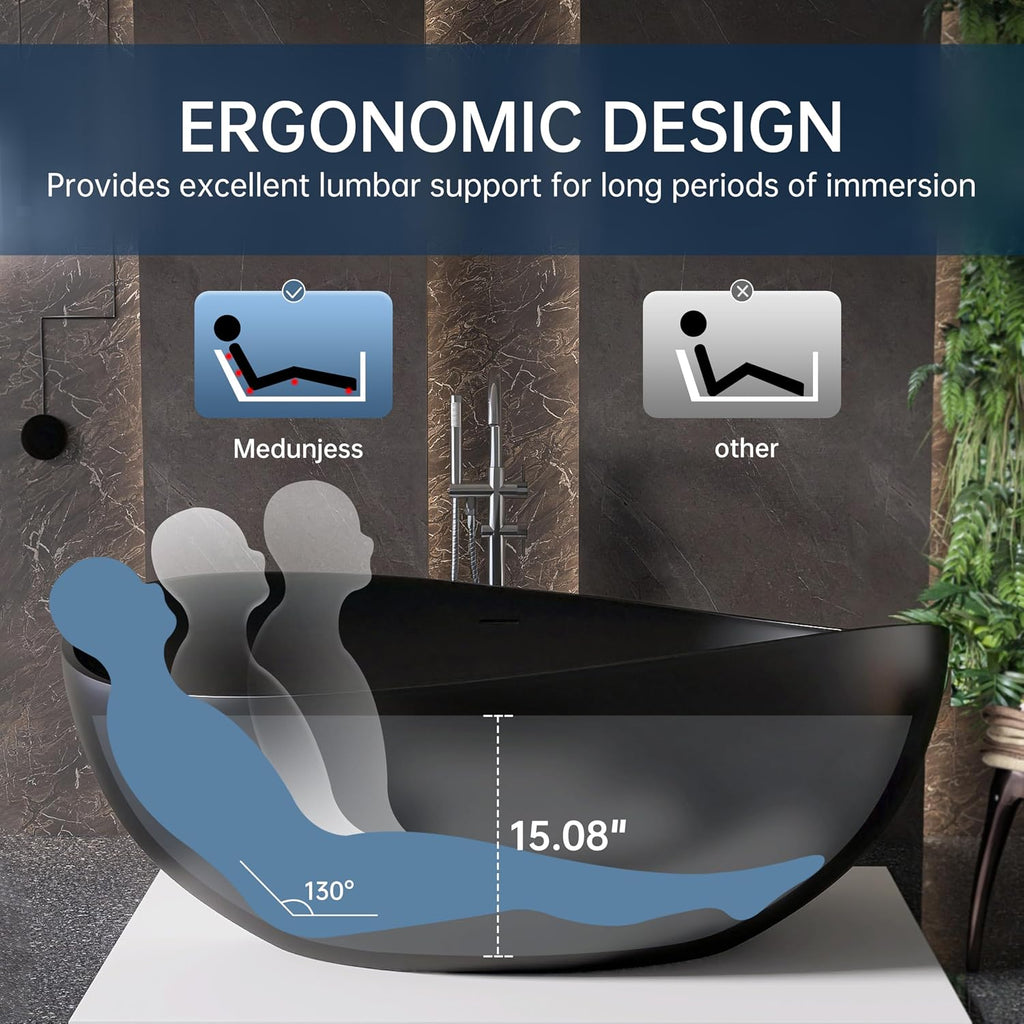 63'' Black Bathtub,Stone Resin Solid Surface Freestanding Bathtub, Modern Elegant Design Soaking Stand Alone Tub, Matte Black, Drain and Overflow Included
