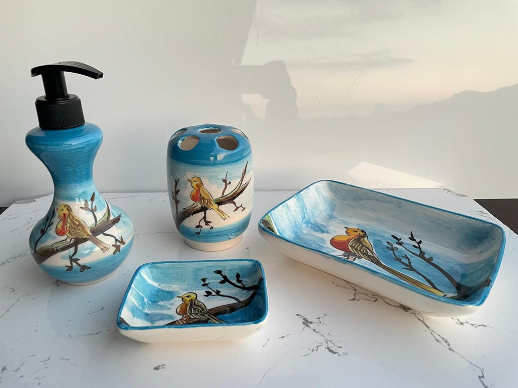 Blue Bathroom Accessory Set 4 Pieces & Birds, Soap Dispenser, Toothbrush Holder, Soap Dish, Lotion Dispenser, Animal Decor, Washing Set Gift (Product ?: Set (4 pcs))