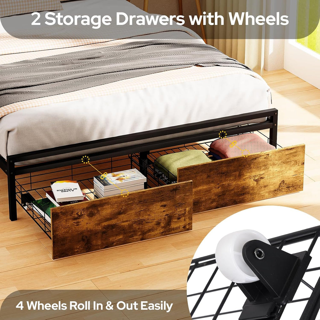 Zevemomo Queen Bed Frame with Storage Drawers, Bed Frame Queen Size with Headboard, LED Light, Charging Station with 3 USB Ports & 1 Type-C Port, No Noise, Rustic Brown
