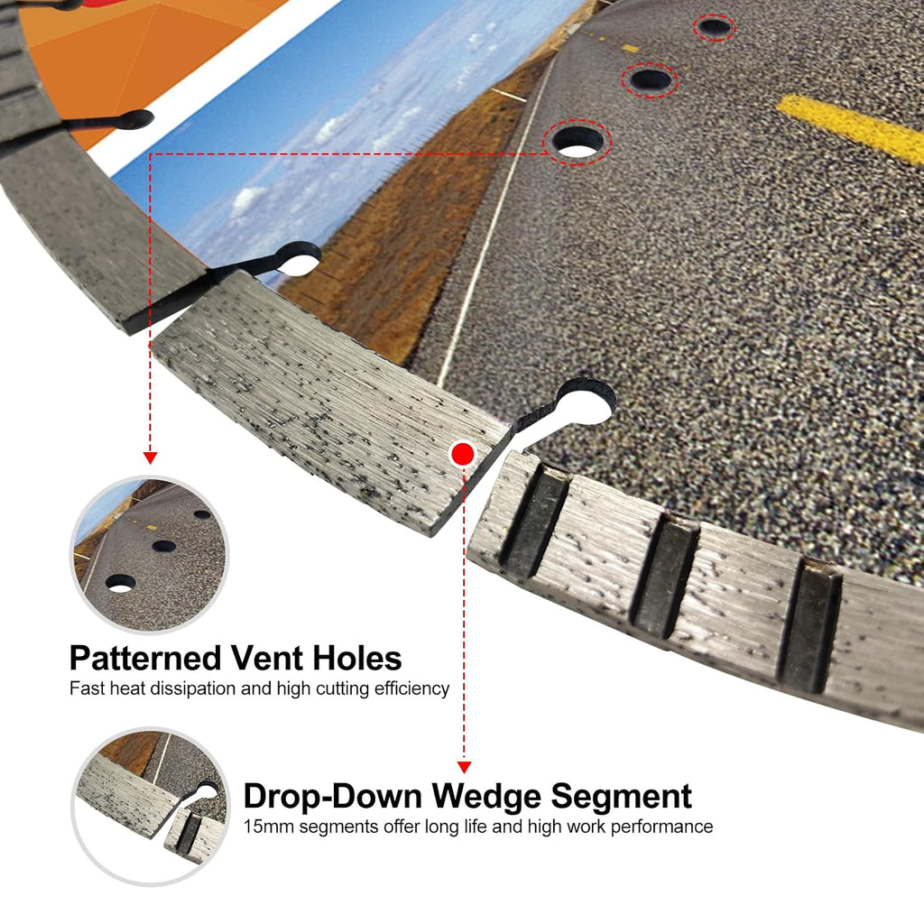 FEWELL 16' Premium Diamond Saw Blade, Multi-Purpose Diamond Blade, Cutting Hard Reinforced Concrete Asphalt Masonry Stone Terrazzo, Laser-Welded Segmented, 1'-20mm Arbor